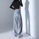 直筒拖地裤 时尚 撞色高腰宽松设计感窄版 女春夏新款 刺绣阔腿牛仔裤