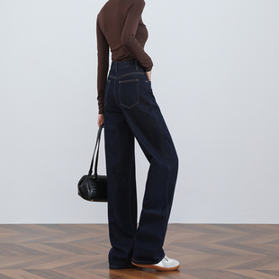 宽松显瘦加绒百搭阔腿拖地裤 深蓝色窄版 时尚 女秋冬新款 直筒牛仔裤