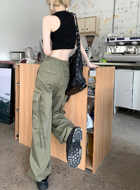 美式街头军绿色 抽绳工装裤 American military green work pants