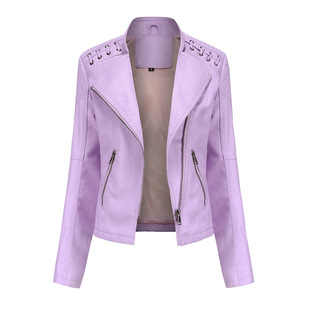 lapel slim jacket leather 翻领皮衣外套 纯色绑带修身 Lace