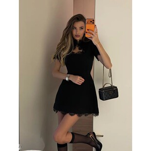 时尚蕾丝边短袖收腰百搭连衣裙 Women's A Line Lace Dress