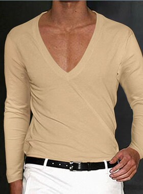 纯色V领长袖款男士T恤