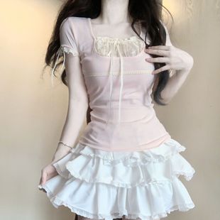 纯棉短袖 夏季 粉色短款 2024新款 女甜美百搭短T恤 纯欲风设计感修身