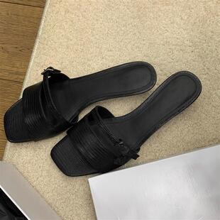 2025新休闲真皮方趾蝴蝶结中跟拖鞋 妇女 高跟骡子凉鞋