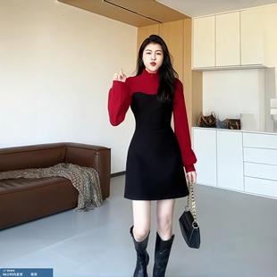 大码女装心动氛围黑红撞色短裙秋冬季微胖MM高级感显瘦百搭连衣裙