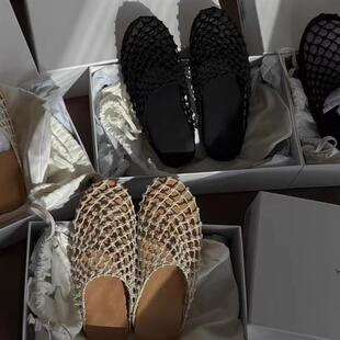 女一字拖渔网凉拖外穿平底鞋 羊皮版 纯手工编织镂空网面包头拖鞋