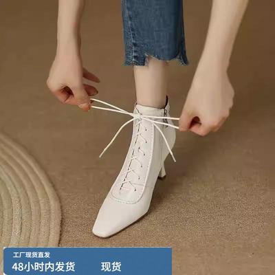 白色尖头短靴女细跟法式真皮裸靴羊皮高跟鞋女秋冬新款绑带马丁靴