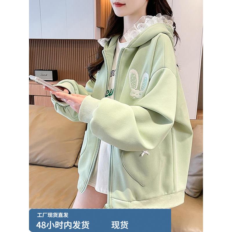 日系可爱兔耳朵刺绣连帽外套女春秋2025新款初高中学生大童棒球服