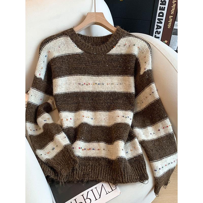广州十三行高端爆款韩系撞色条纹亮片长袖针织衫秋冬新款洋气毛衣