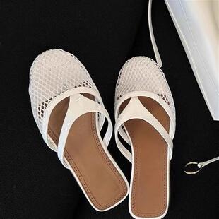 渔网镂空包头拖外穿一脚蹬半拖鞋 沙滩浅口平底后空网面编织凉拖鞋