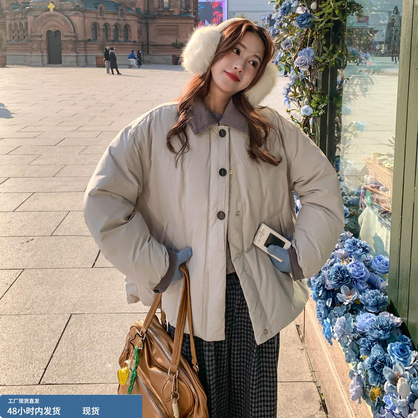 灰色复古保暖羽绒棉外套女2025冬季新款韩版时尚撞色加厚棉衣棉服