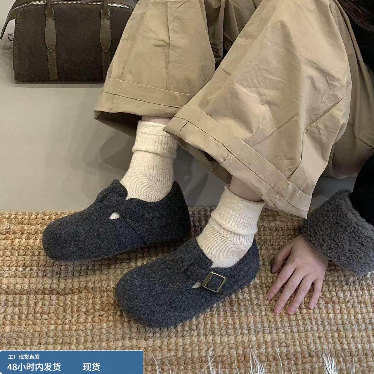 内增高！高级感灰色毛呢勃肯鞋女秋冬保暖加绒棉鞋雪地鞋百搭单鞋