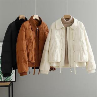 韩版 新款 宽松百搭保暖白鸭绒外套 灯芯绒拼接羽绒服女2025冬季 短款