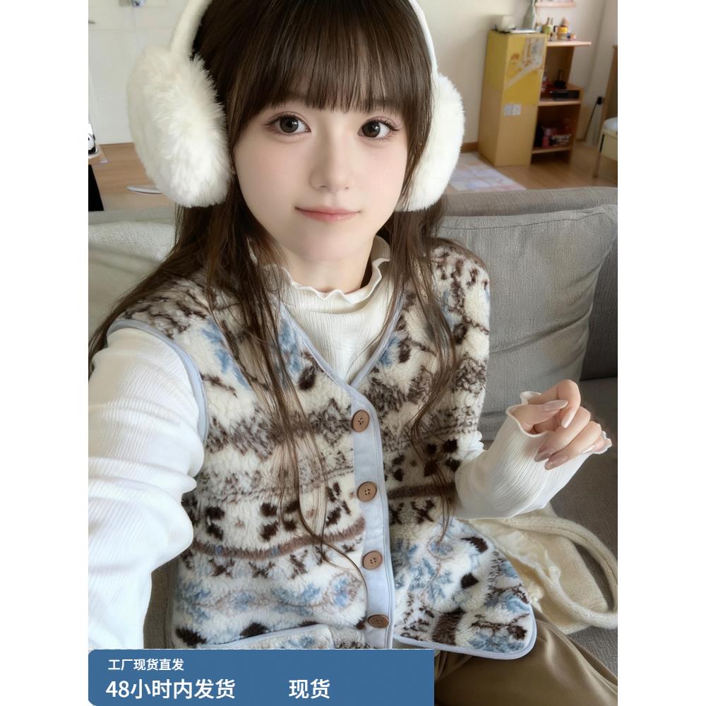 费尔岛羊羔毛马甲女2025秋冬季覆古提花叠穿麂皮绒外套小个子上衣