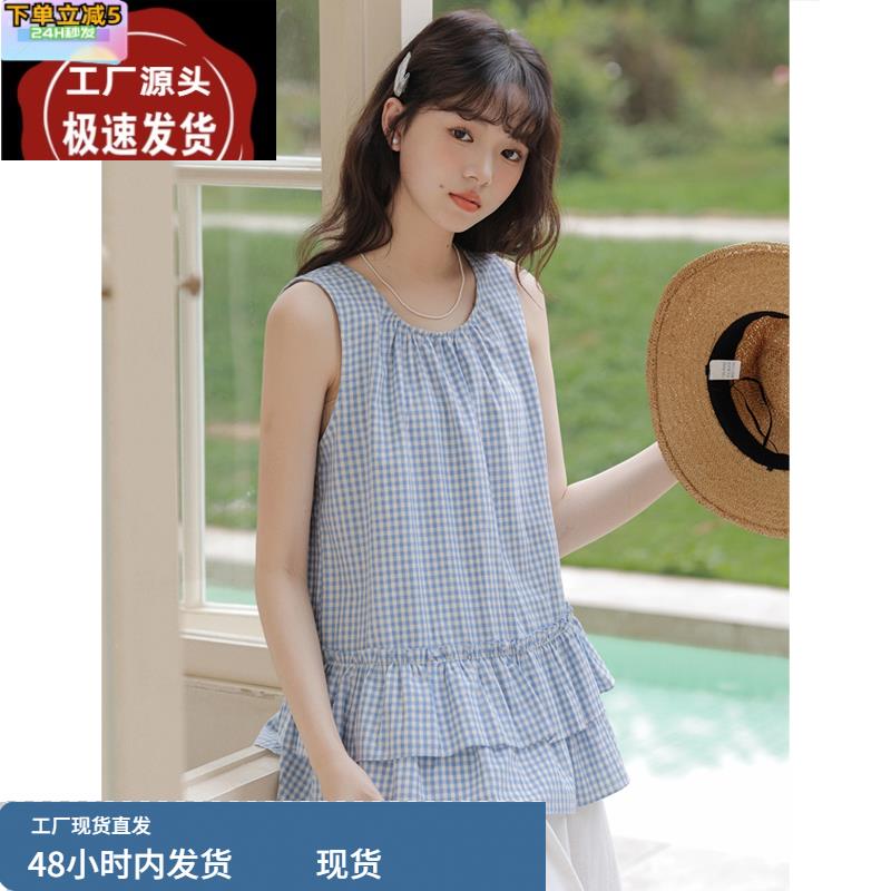韩版蓝色格子甜美减龄上衣女夏季2025新款独特漂亮无袖衬衫背心