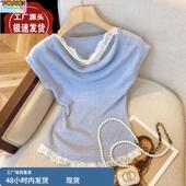 辣妹修身 纯欲风蓝色蕾丝拼接短袖 新款 女春夏季 显瘦T恤上衣 针织衫