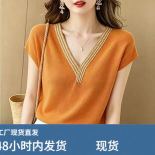 法式橙色拼色V领条纹短袖针织T恤女夏季独特超好看别致绝美小上衣