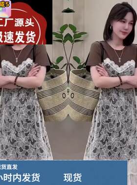 欧洲站2025夏款欧货韩版女圆领拼接蕾丝刺绣假两件短袖连衣裙潮