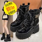 前系带10cm厚底内增高松糕鞋 秋季 新款 黑色短靴百搭瘦瘦休闲马丁靴