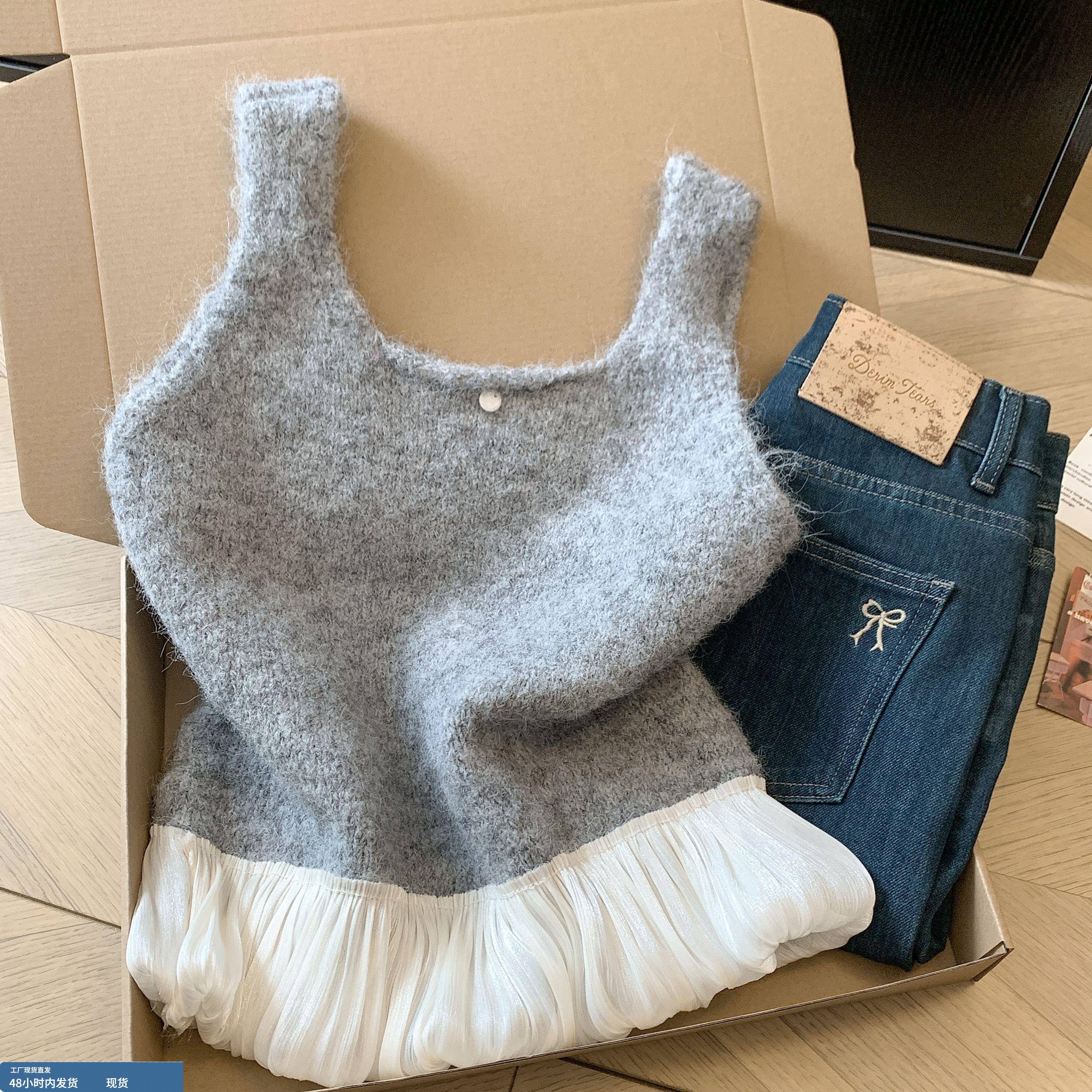 自留款推荐~韩系荷叶边下摆拼接针织马甲女秋冬新款叠穿无袖上衣