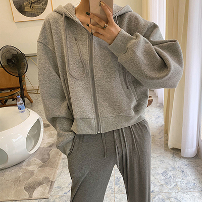 美式慵懒加绒短款卫衣外套