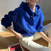 克莱因蓝连帽卫衣女款 小个子秋冬新款 高级感加绒韩系慵懒宽松上衣