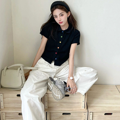 polo衫针织短袖黑色t恤女