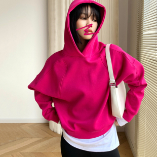 火龙果色短款 秋冬加绒加厚韩系慵懒风套头小个子上衣 连帽卫衣女款