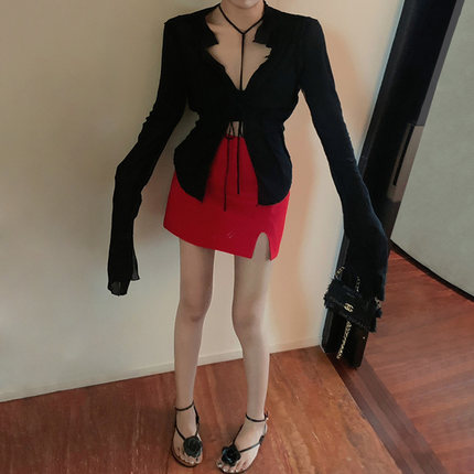 辣妹微透长袖v领黑色衬衫女夏季薄款防晒开衫设计感小众纯欲上衣