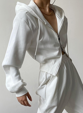 白色短款连帽加绒加厚卫衣外套女秋冬新款开衫双拉链收腰修身上衣