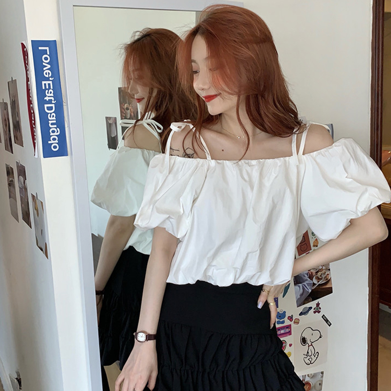 锁骨抹胸一字肩吊带上衣女夏季高级感短款法式泡泡袖白色短袖衬衫