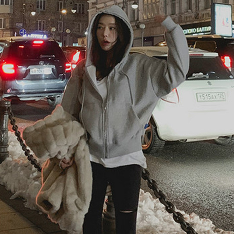 灰色短款连帽卫衣开衫外套女小个子秋冬2025新款爆款拉链长袖上衣,女装/女士精品,卫衣/绒衫,淘宝优惠券,粉丝福利购,淘宝优惠卷