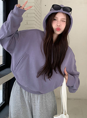 超好看紫色短款连帽卫衣女秋冬新款加绒宽松韩版慵懒风小个子上衣