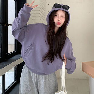 超好看紫色短款连帽卫衣女秋冬新款加绒宽松韩版慵懒风小个子上衣