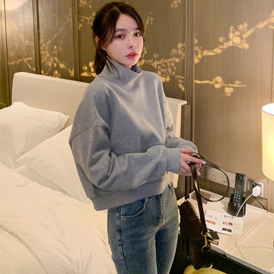 加绒宽松小个子半高领短款卫衣