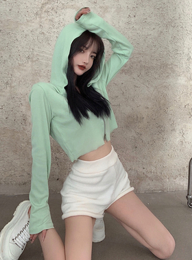 绿色长袖t恤女jazz爵士拉链开衫高腰辣妹露脐独特漂亮短款小上衣