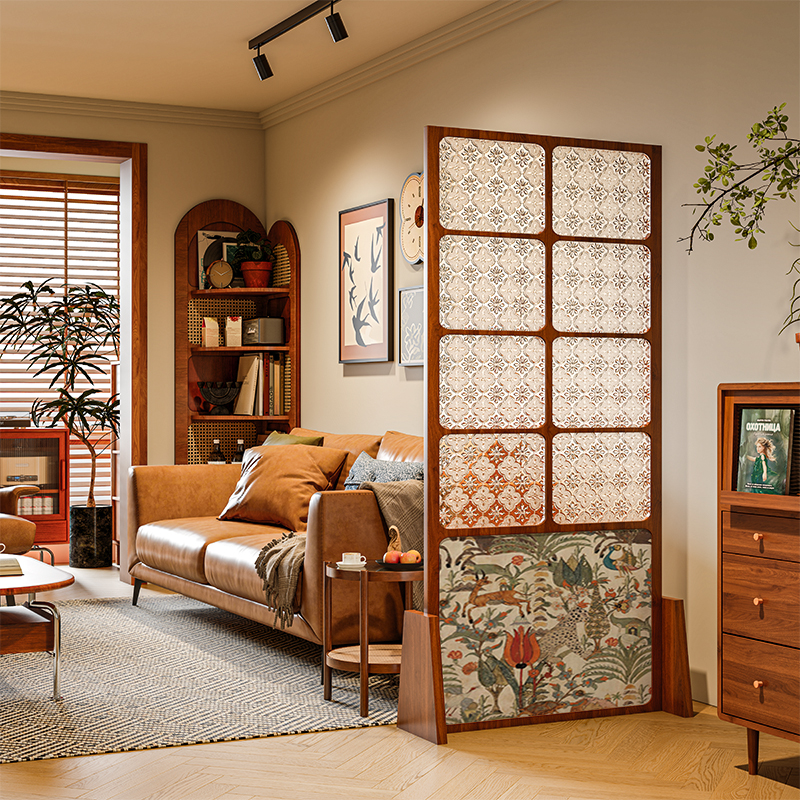 法式复古海棠花玻璃实木屏风隔断客厅装饰卧室可移动遮挡入户座屏
