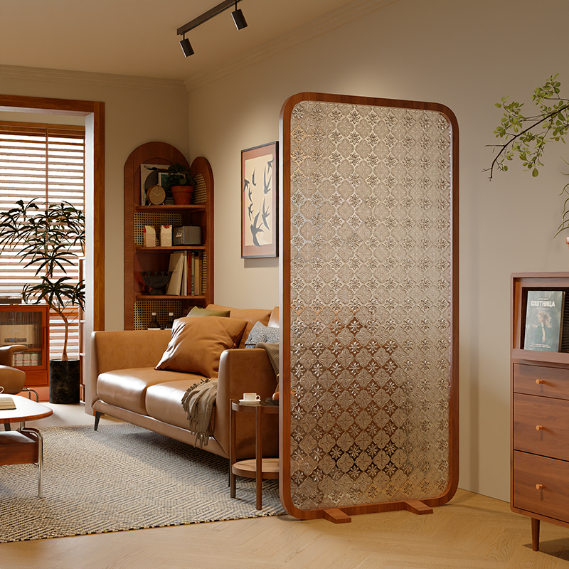 海棠玻璃屏风隔断家用法式中古客厅装饰移动遮挡沙发玄关实木座屏