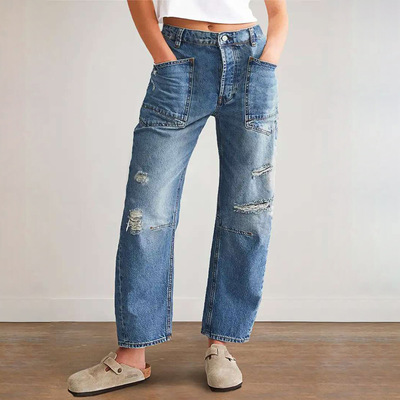 women casual loose straight leg ripped jeans 欧美破洞牛仔裤