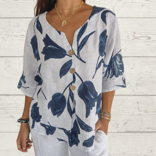 Cotton and Linen V-neck Short Sleeve Pullover Shirt