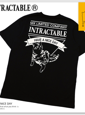 INTRACTABLE品牌原创2020限量款黑色猫咪印花重磅纯棉刺绣宽松t恤