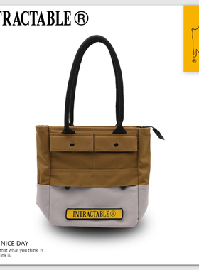 INTRACTABLE原创多功能搭载系列卡其灰色大容量帆布托特包单肩包