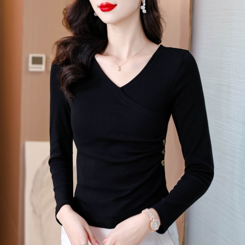 中年妈妈秋冬交叉v领质长袖t恤女士秋冬洋气内搭打底衫减龄0926e