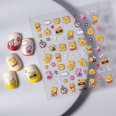 浮雕维尼熊噗噗汉堡背胶指甲贴纸