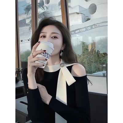 JOYIASS2025新款法式轻奢黑色露肩针织打底衫女装秋冬高级设计感