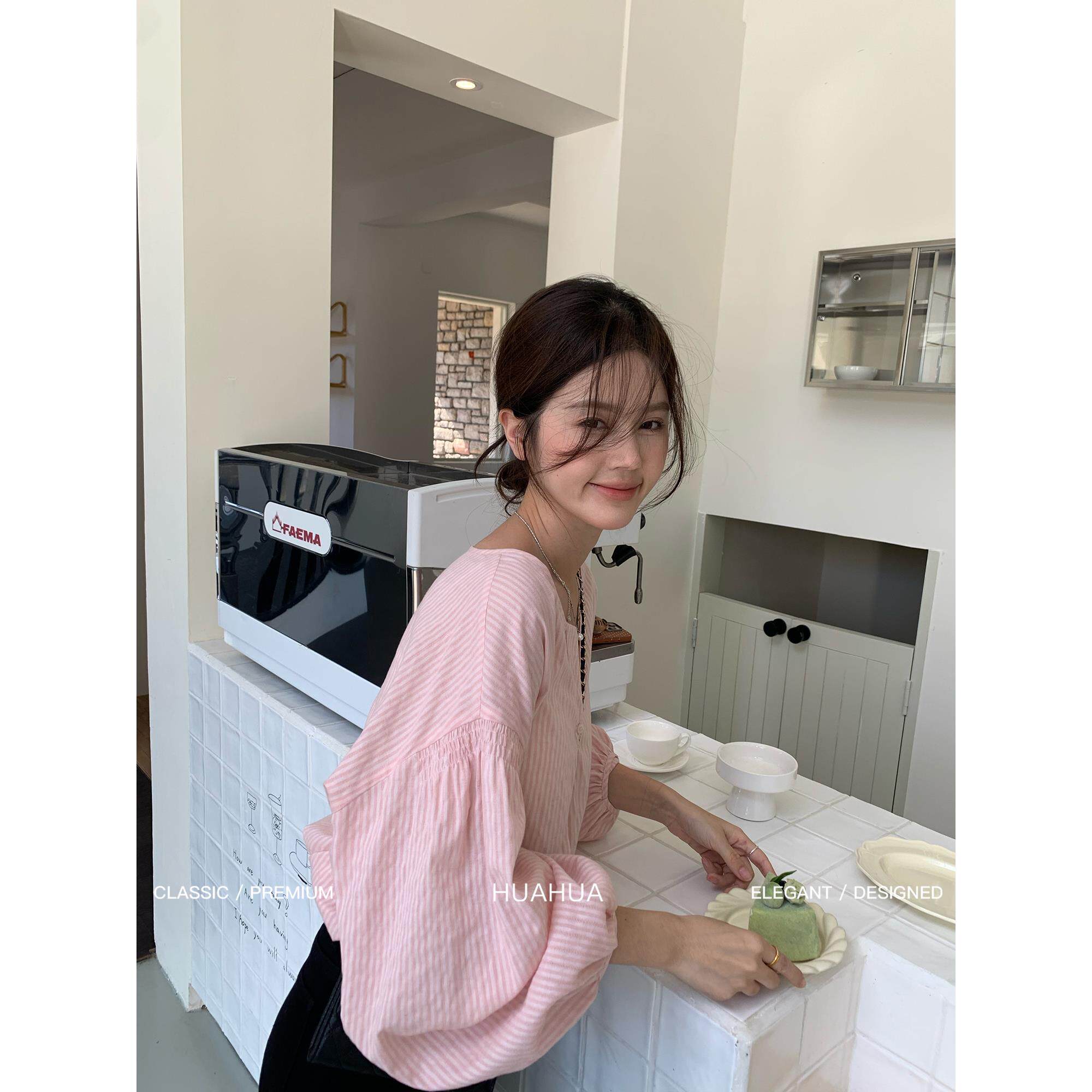 JOYIASS2025新款小V领开叉上衣女装秋冬打揽两粒扣设计灯笼袖衬衫