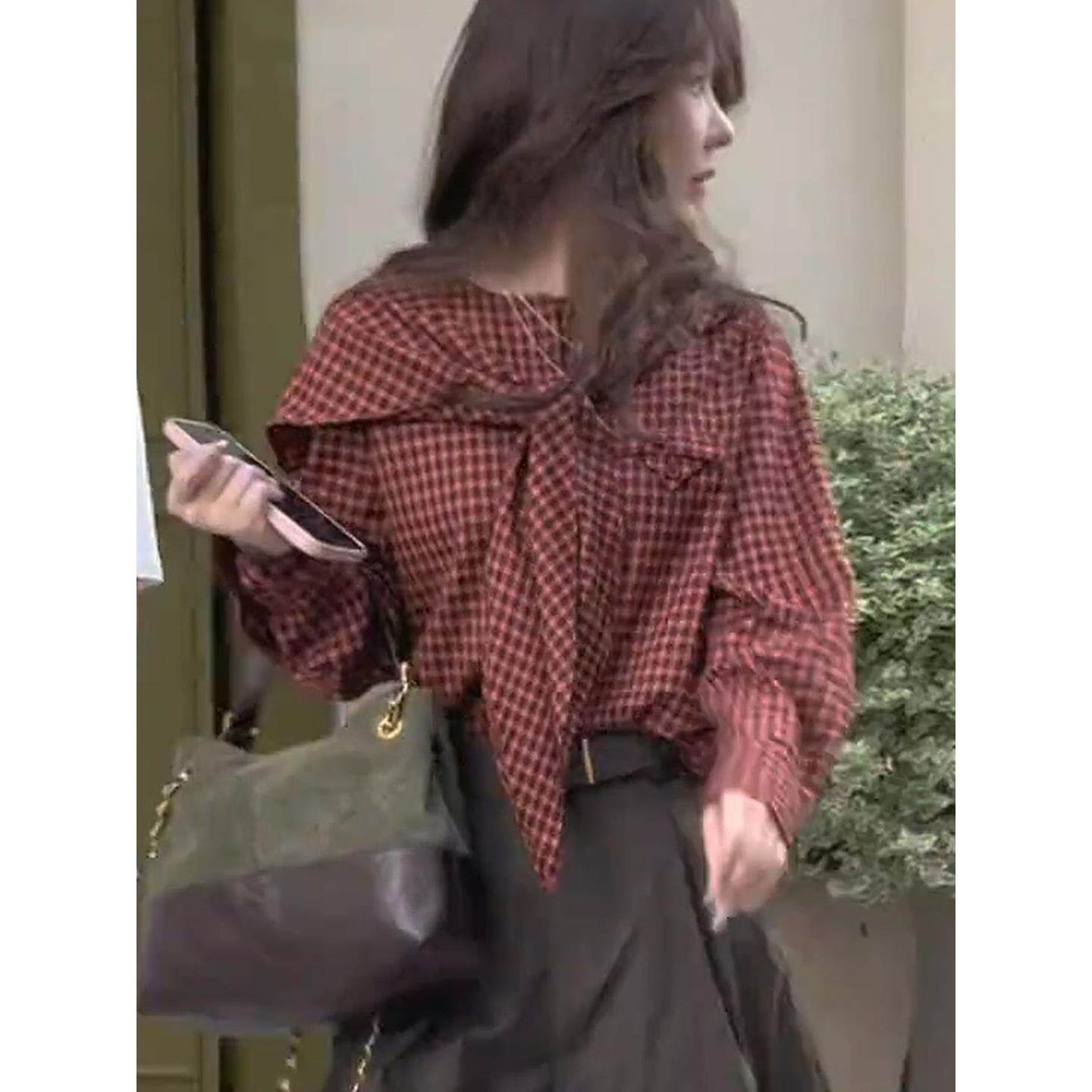 JOYIASS2025新款法式覆古格纹衬衫女装春秋超好看红色格子披肩领