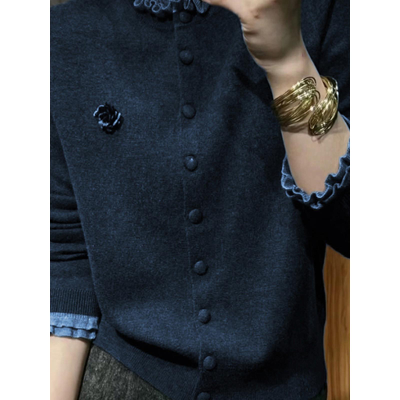 JOYIASS2025新款藏青色立体花朵拼接花边领毛针织开衫女装春秋设