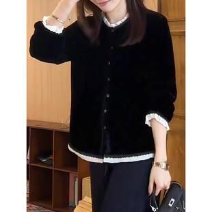 JOYIASS2025新款法式木耳边丝绒长袖衬衫女装秋冬显瘦独特超好看