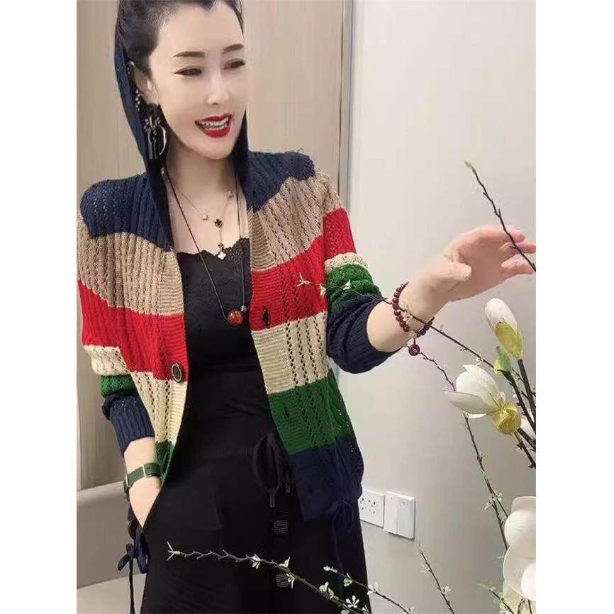 JOYIASS2025新款拼色彩条连帽针织衫开衫披肩外套女装秋冬季长袖